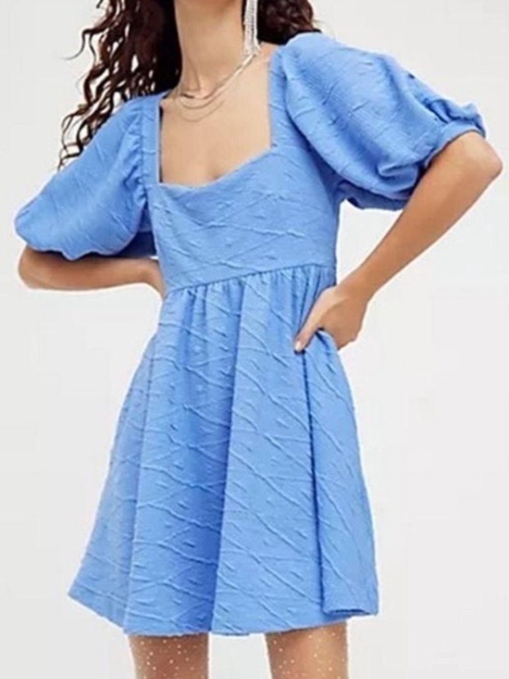 Free People Violet Mini Dress Blue Textured Puff Sleeve Feminine Bow Boutique M